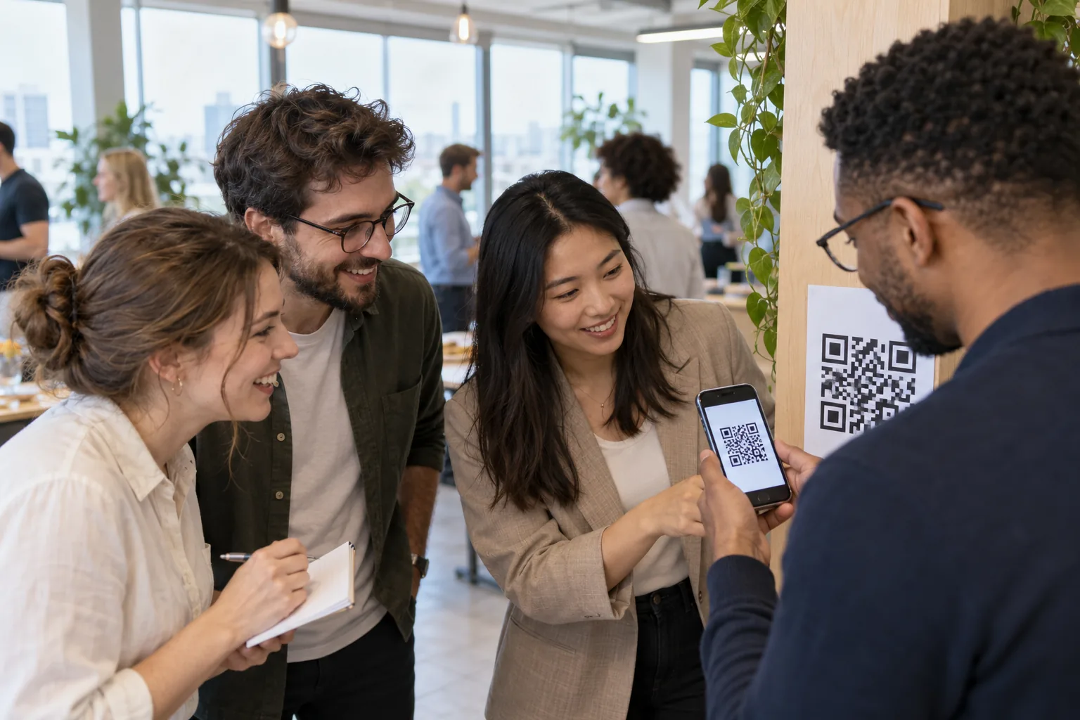 Коллеги вместе разгадывают задание и открывают QR-код на телефоне
