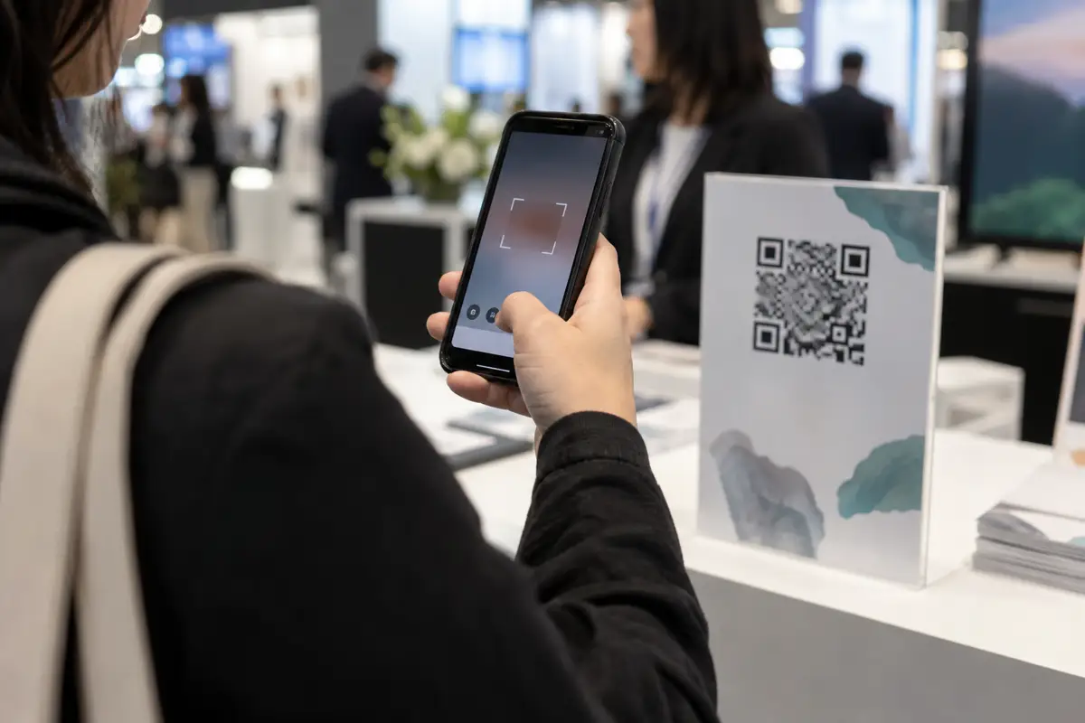 Посетитель сканирует QR-код у выставочной точки