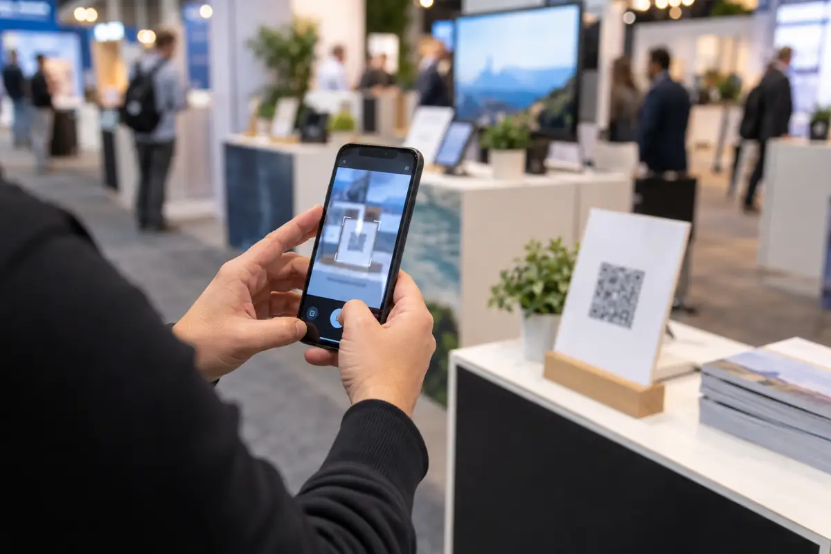 Посетитель сканирует QR-код у стенда на выставке