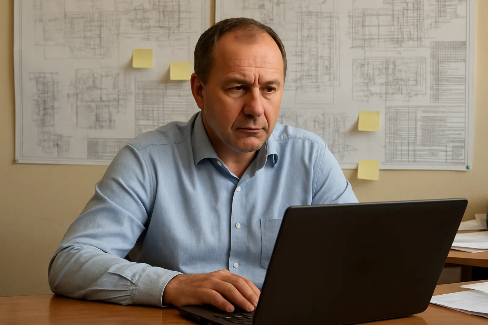 Собственник за рабочим столом, на фоне инженерных схем